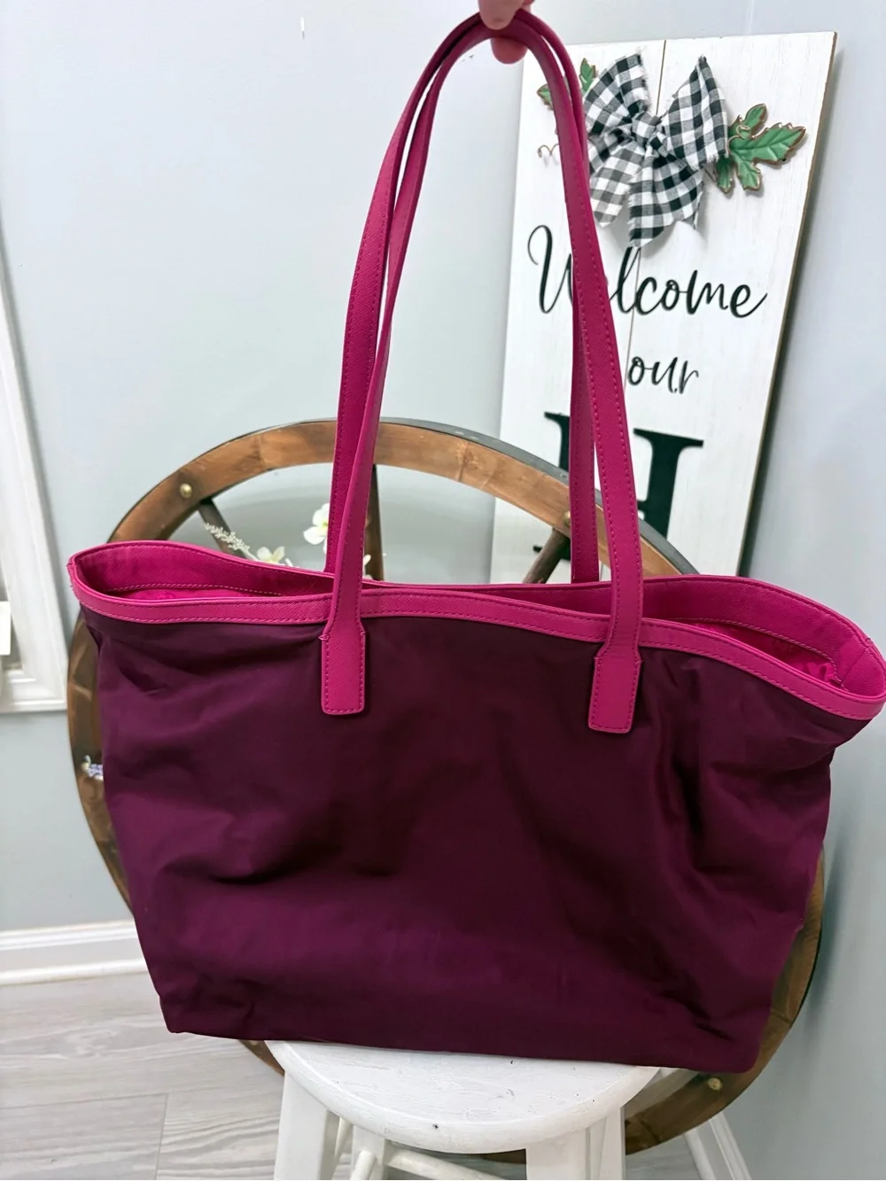 Tory Burch Plum Tote with Pink Trim